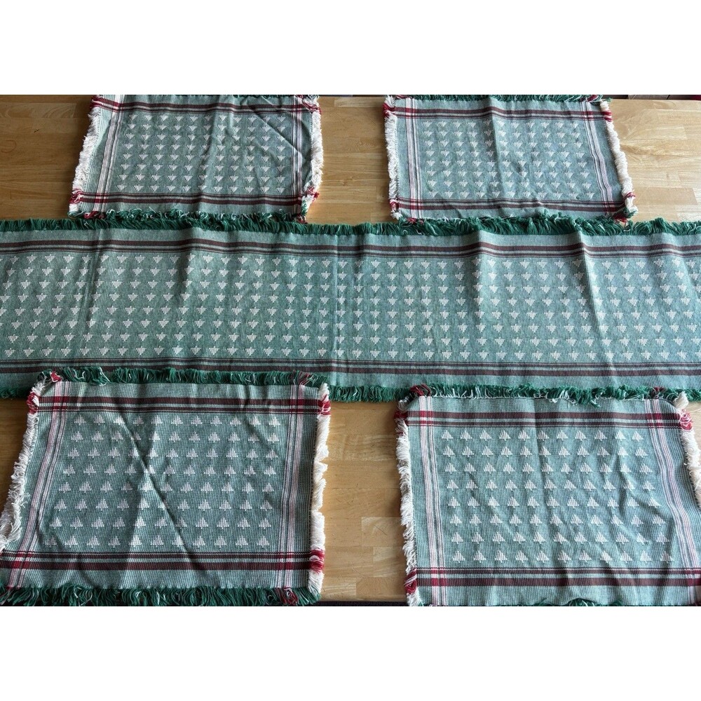 Vintage Woven Table Runner 4 Matching Placemats Reversible Christmas Tree Fringe